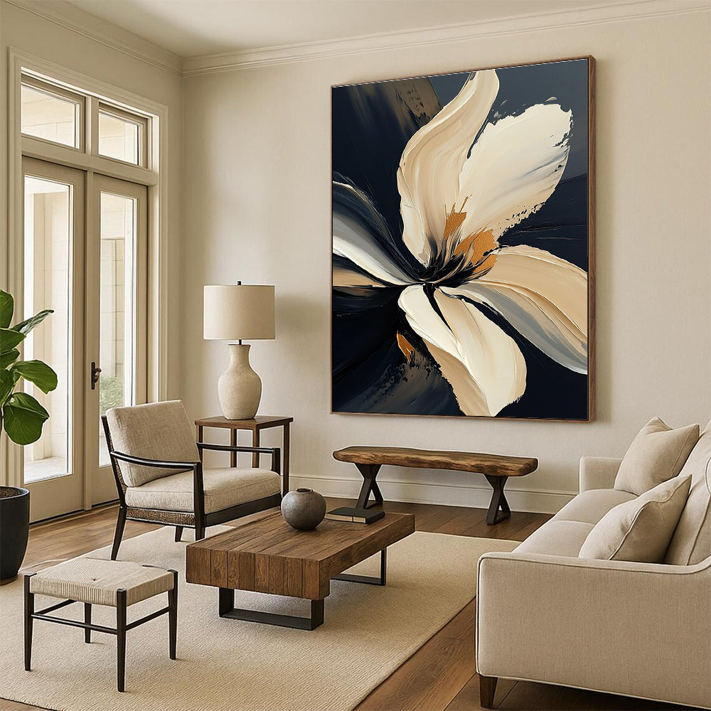 Large abstract painting of a textured white flower with bold strokes and gold accents on a dark gray background.STSC295