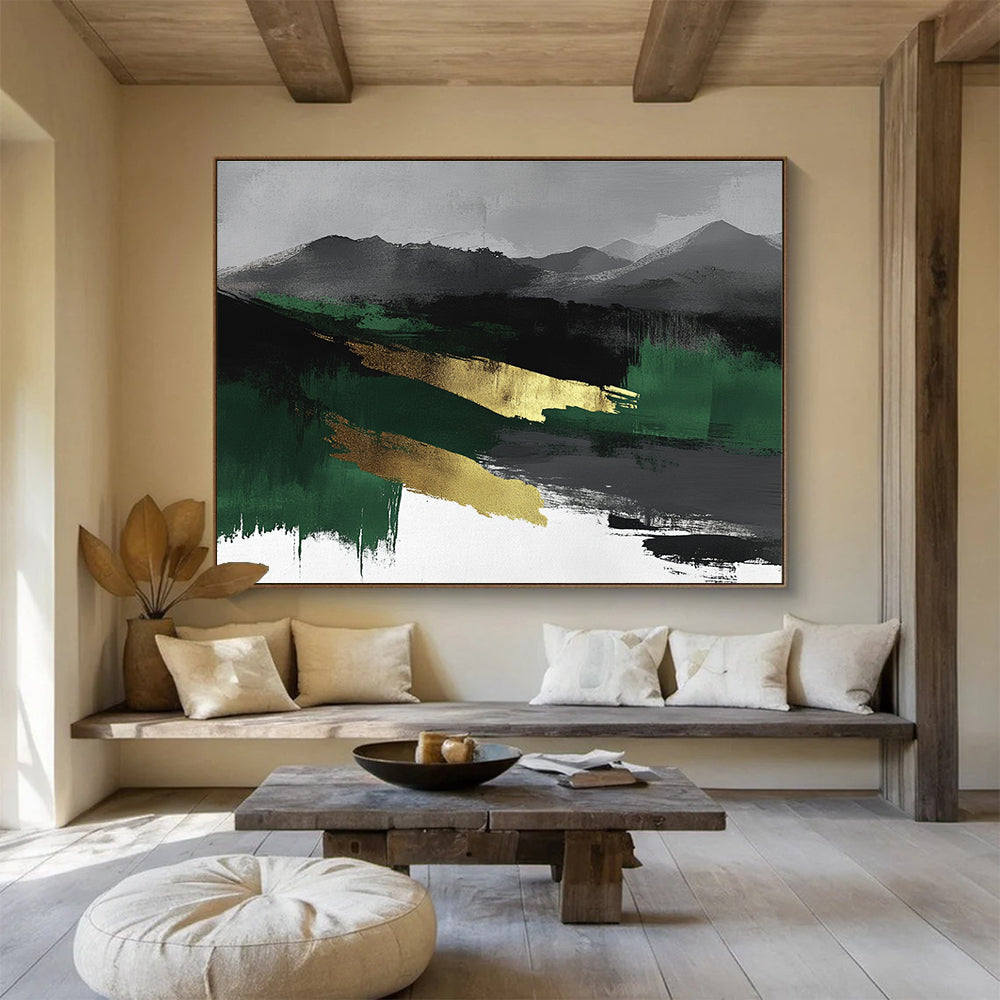 Large abstract watercolor landscape in green, black, and gray with gold accents, perfect for modern decor.SC050