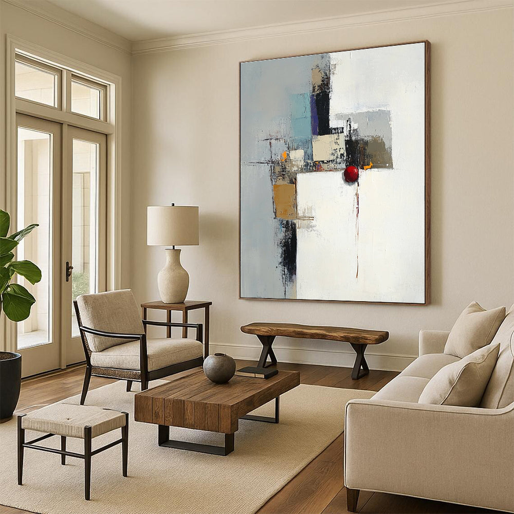 Large abstract painting in white gray and brown featuring a red object with an industrial cityscape in the background and expressive brush strokes.STSC615