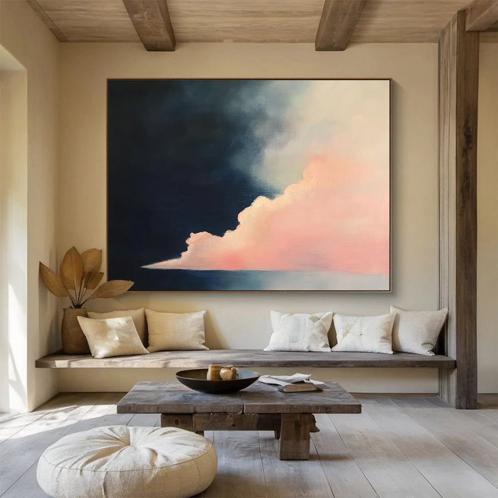 Dramatic Cloud Contrast Abstract Painting with Pink and Dark Blue Tones DYP566