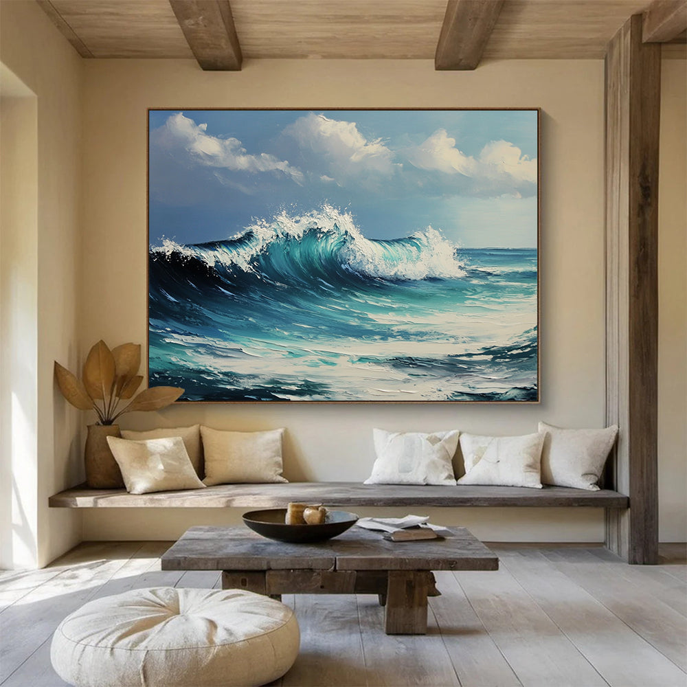 Large abstract oil painting of ocean waves capturing dynamic movement and vibrant colors in the style of Greg Rutkowski for inspiring decor.SC602