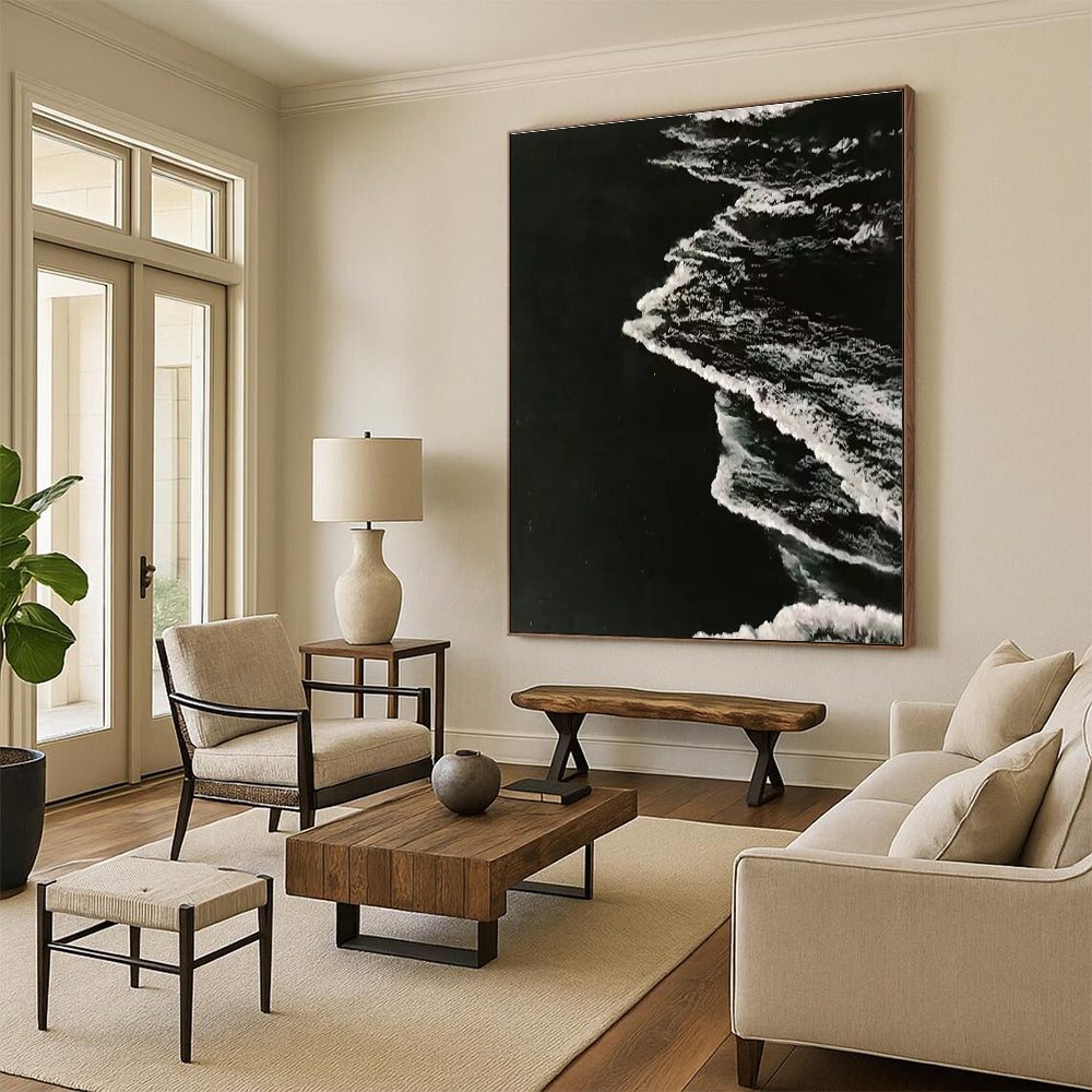 Black and White Textured Wave Abstract Painting ADGE349