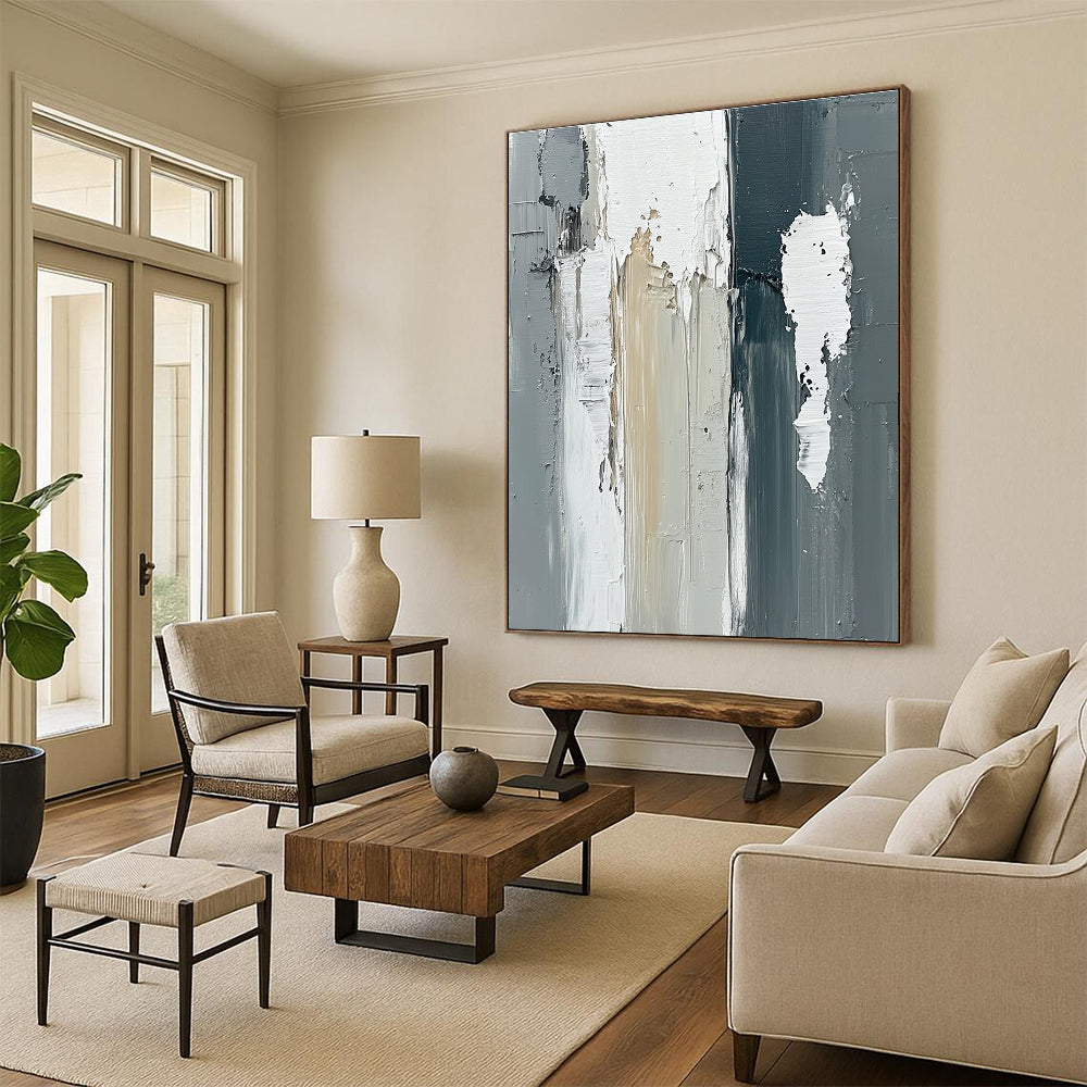 Large abstract oil painting featuring vertical gray and white wooden beams with thick strokes in a neutral monochromatic palette.STSC579