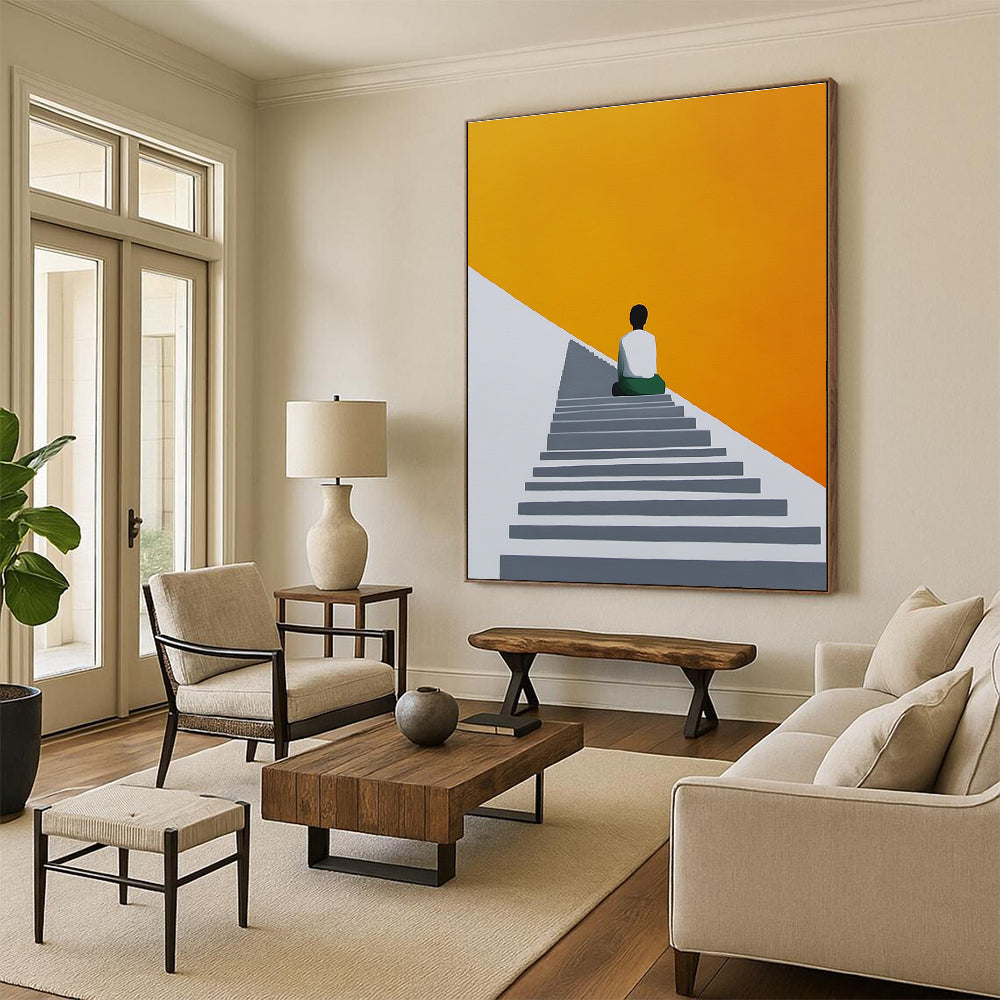 An abstract painting featuring a figure on stairs with a grey white and orange palette against a yellow background in a minimalist geometric style.STSC1155