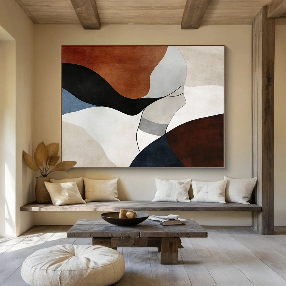 Large abstract art featuring elegant feminine forms in earthy tones, emphasizing organic curves and geometric patterns for a serene modern aesthetic.SC299