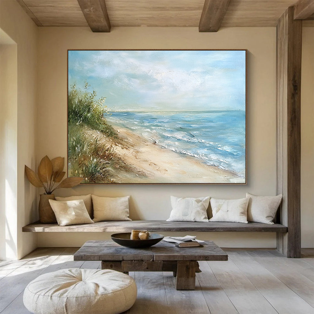 Serene Beach View Abstract Painting with Blue and Green Tones DYP569