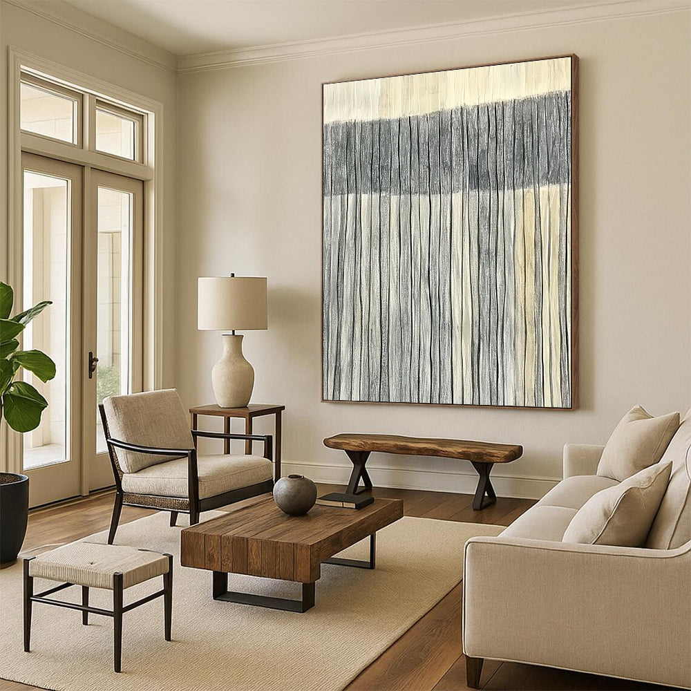 Large abstract painting of harmonious gray and white stripes on a light sandstone backdrop symbolizing luxury and elegance in minimalist design.STSC1121