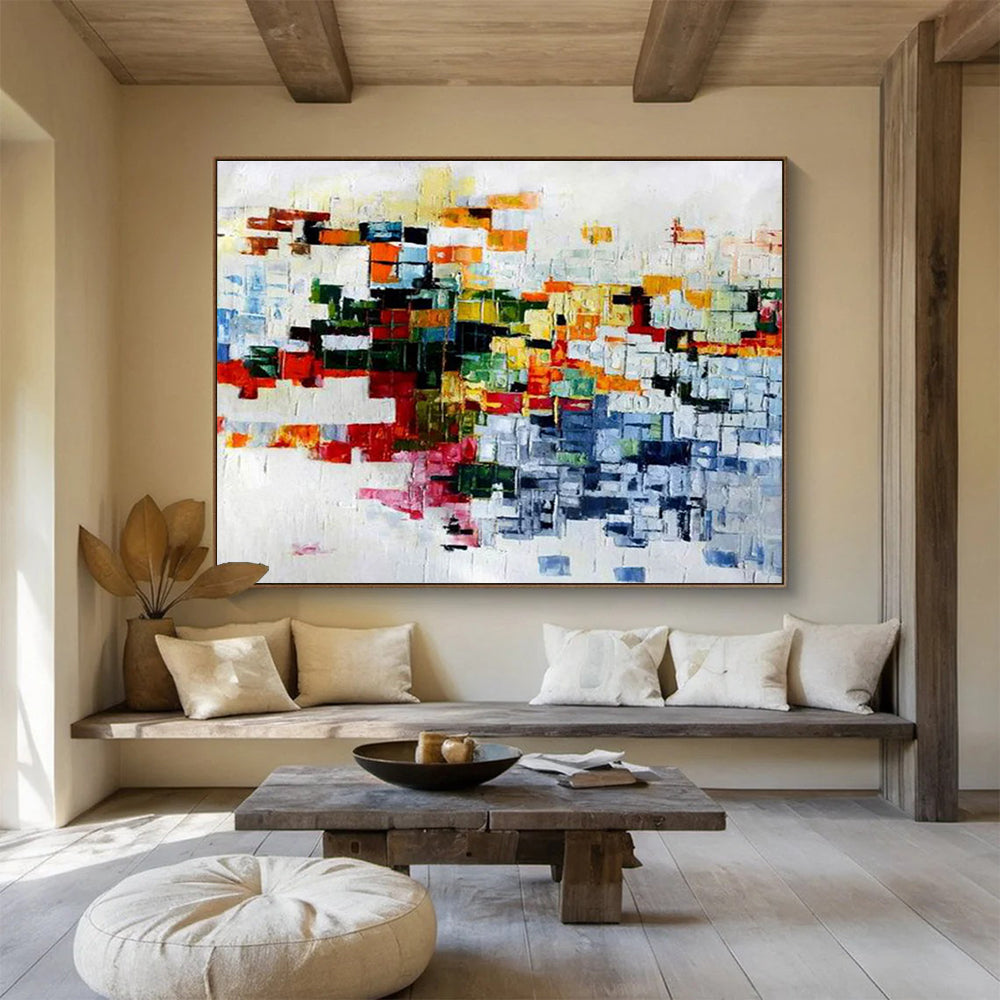 Colorful Pixel - Like Abstract Painting with Patchwork Shades THY286
