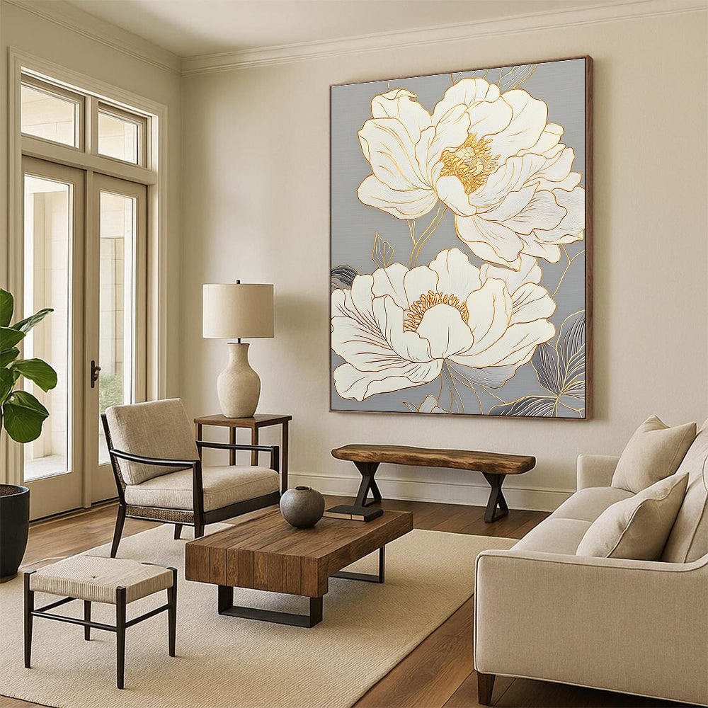 Large abstract painting featuring peony flowers with delicate lines glass texture and gold outlines on a light gray background.STSC1433