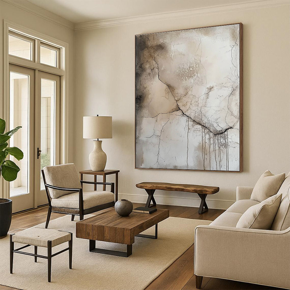 Beige and Gray Abstract Painting with Dramatic Cracks GER565