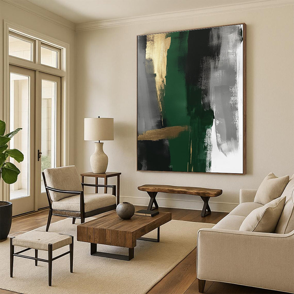 Green Gold Gray Abstract Painting with Elegant Layers GER755
