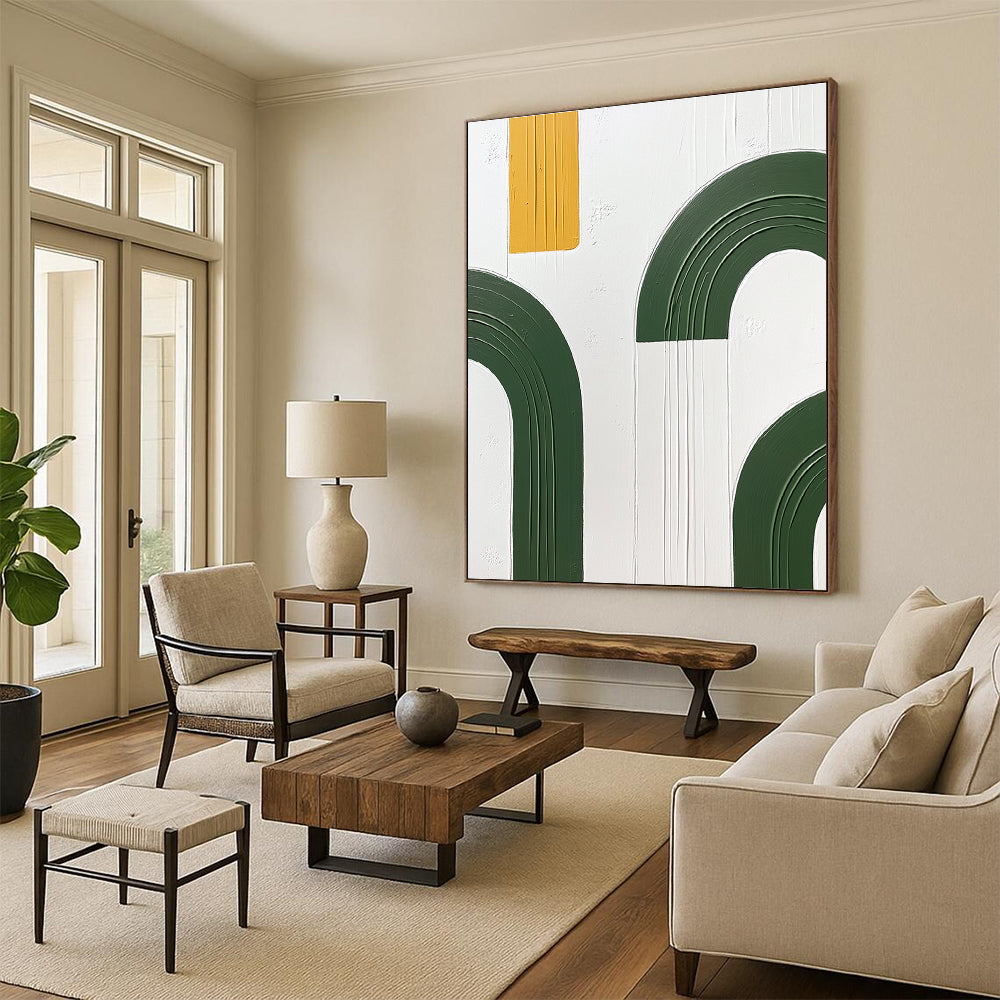 Large abstract painting featuring green arches and yellow circles on a white background with a hand-painted texture in oil paint.STSC1092
