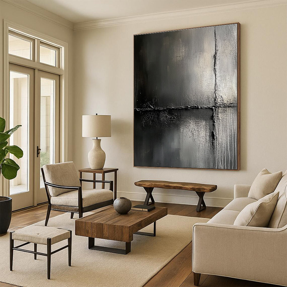 Large abstract painting features impasto textures against a dark gray background evoking urban decay and mystery for captivating exploration.STSC425