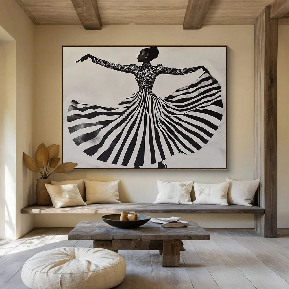 An abstract painting featuring a woman in a striped dress twirling, capturing movement and texture against a light gray background.SC426