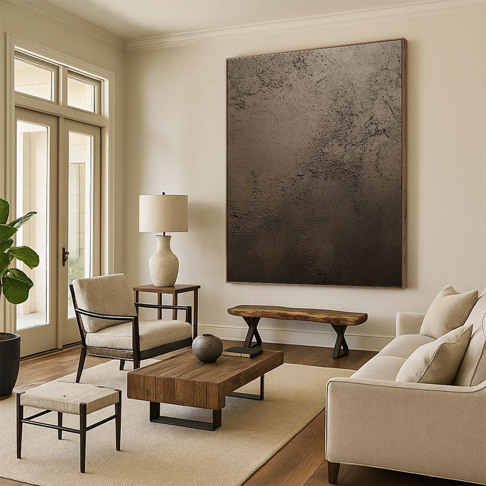 An abstract painting showcasing dark brown stucco texture with intricate details and natural features highlighted by soft lighting in a neutral palette.STSC889