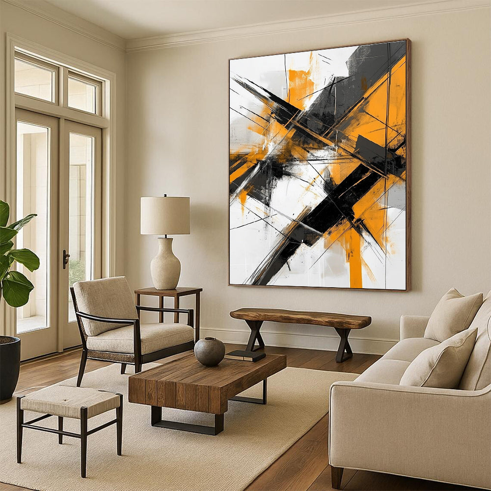 Dynamic Orange - Black Abstract Painting with Gray and White GER324