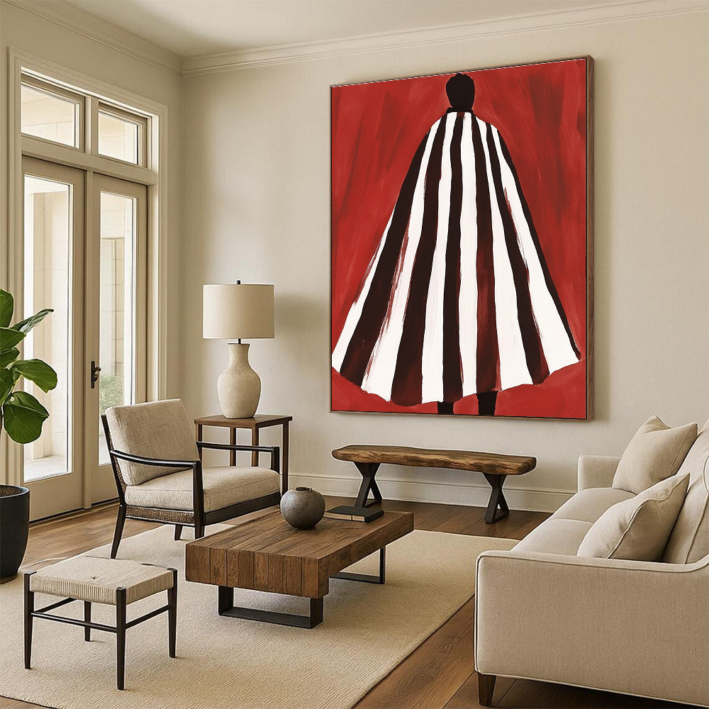 Abstract artwork featuring a brown and white striped cape inspired by Matisse and Bunt on a vibrant red background.STSC932