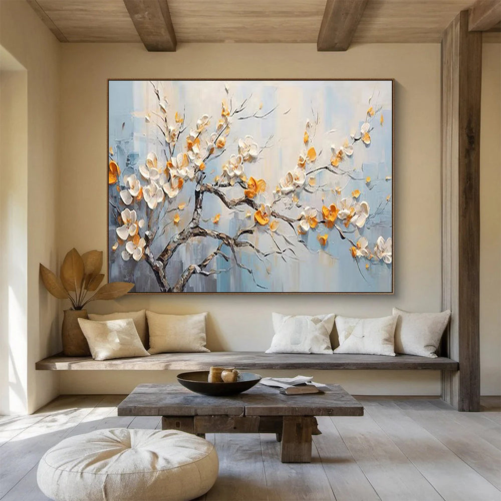 Flowering Tree Abstract Painting with White, Orange, and Blue Tones THY202