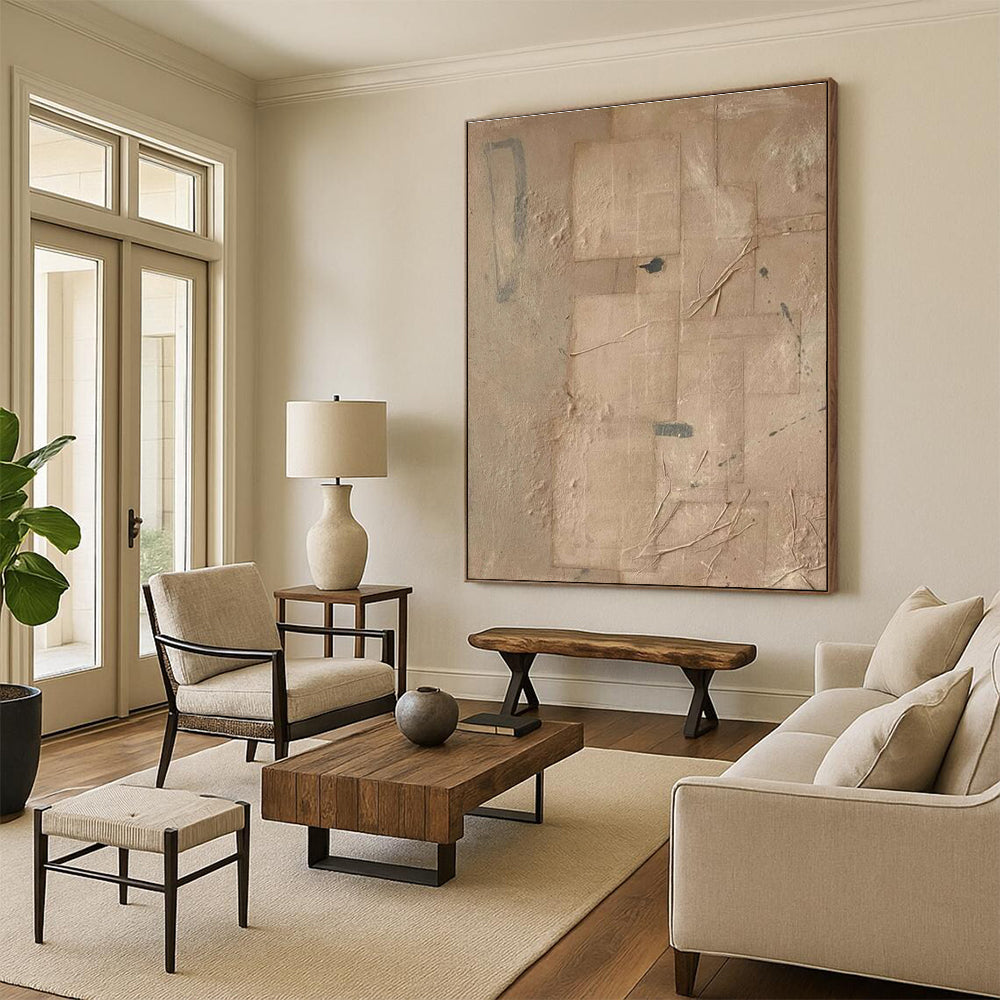 Beige Geometric Abstract Painting with Added Elements ADGE336