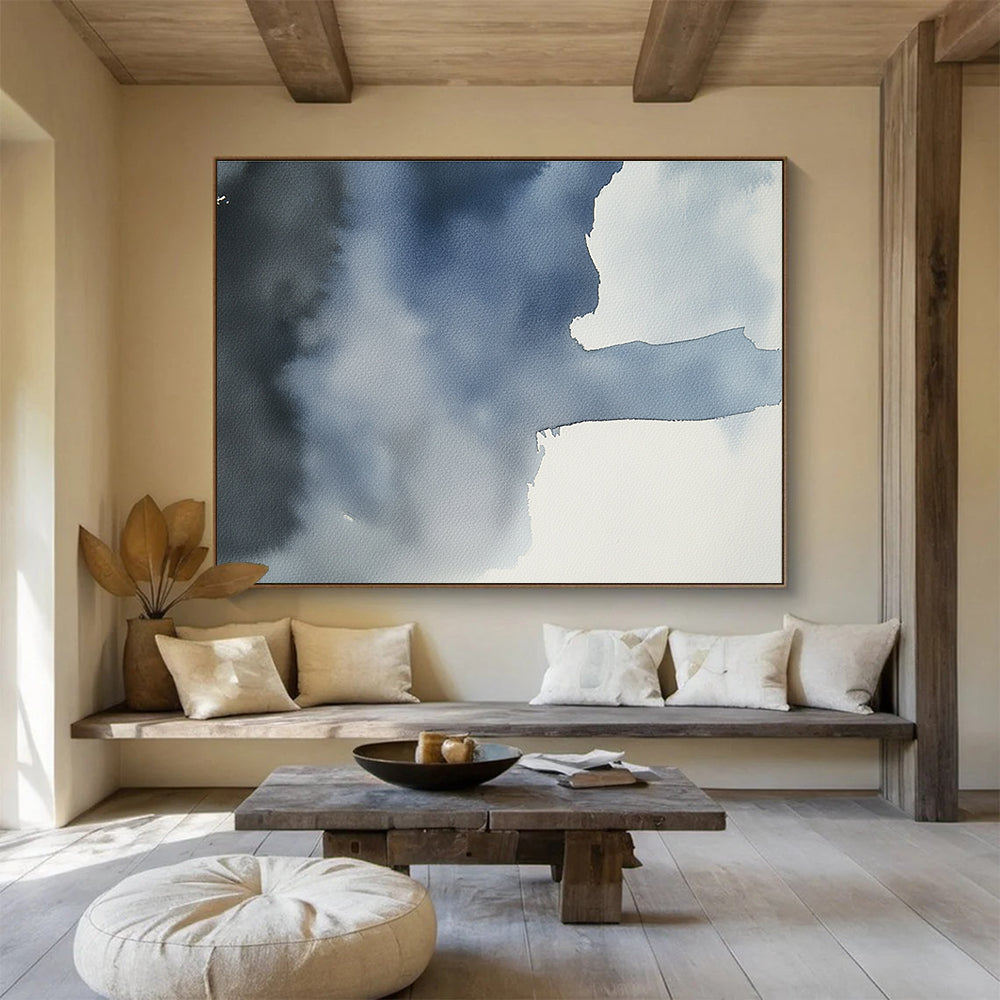 Large abstract painting featuring a gray sky over an ocean in dark blue and light gray tones, evoking serene and calm emotions.SC618