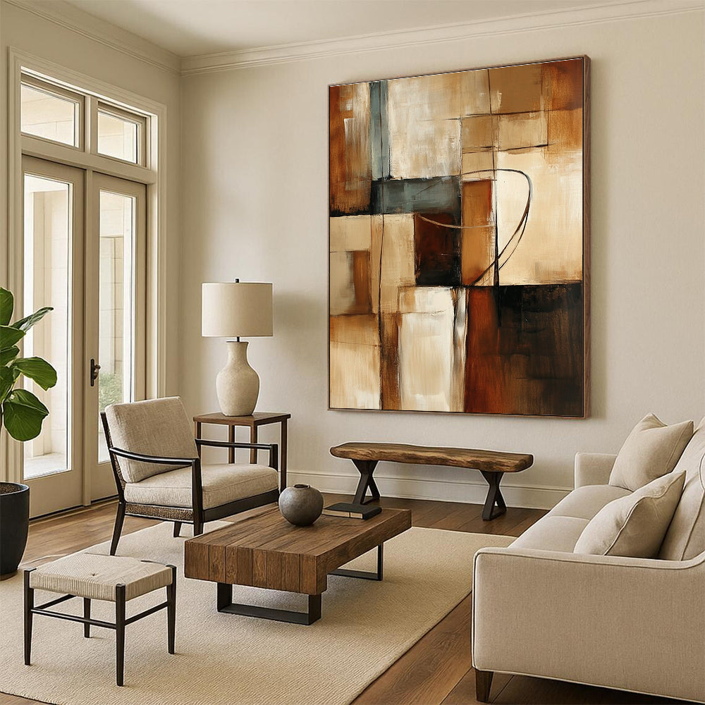 Large abstract painting featuring earthy tones and geometric shapes with textured brush strokes creating a calm and dynamic atmosphere.STSC751