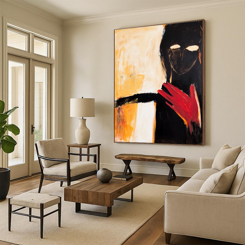 Large abstract painting of an elegant woman in black and white with a striking red hand and warm shades of yellow and orange.STSC640