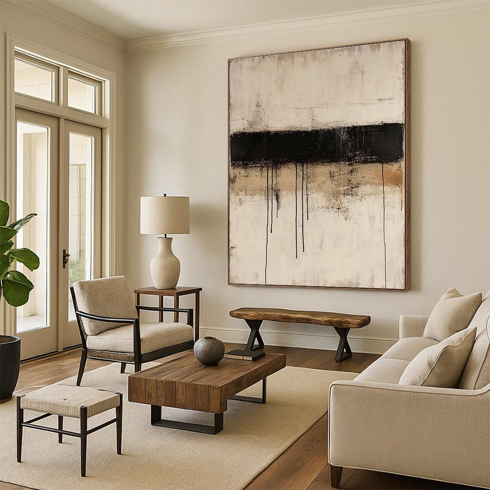 Large abstract painting featuring thin black lines layered on textured beige paper in a minimalist style reminiscent of Mark Rothko.STSC521
