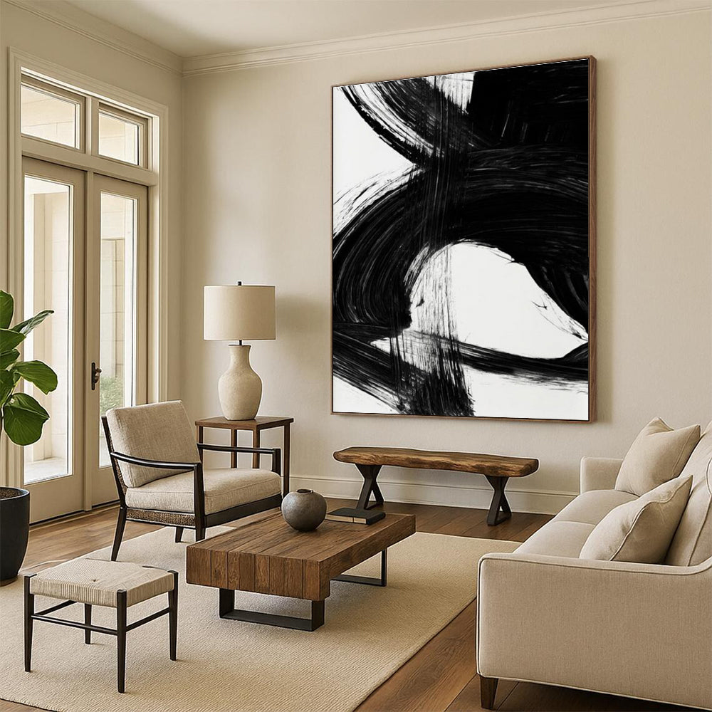 Black Ink Abstract with Dynamic Forms Painting ADGE196