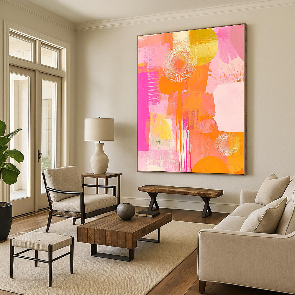 A large abstract painting featuring peach and pink tones with circles flowers and patterns radiating happy vibes in soft brush strokes.STSC1408