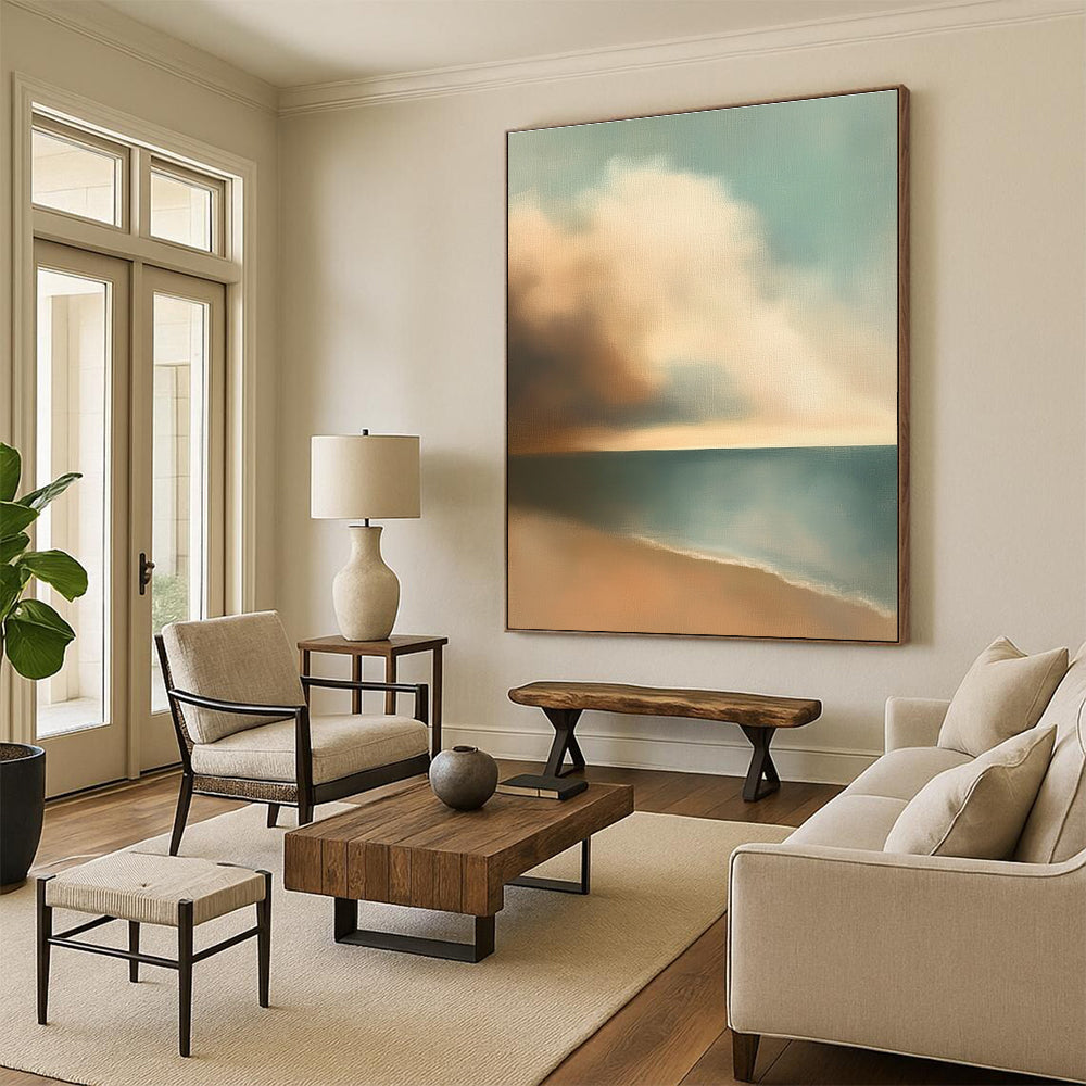 Large abstract oil painting of muted pastel colors depicting clouds and sky over the ocean inspired by Edward Hopper with earthy tones.STSC596
