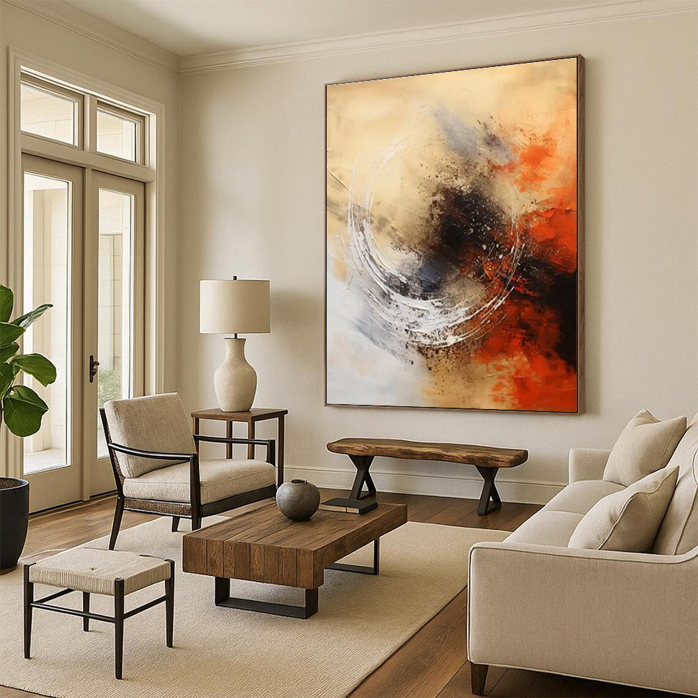 Circular Motion in Warm Hues Abstract Painting with Beige, Orange, and Black ADGE121
