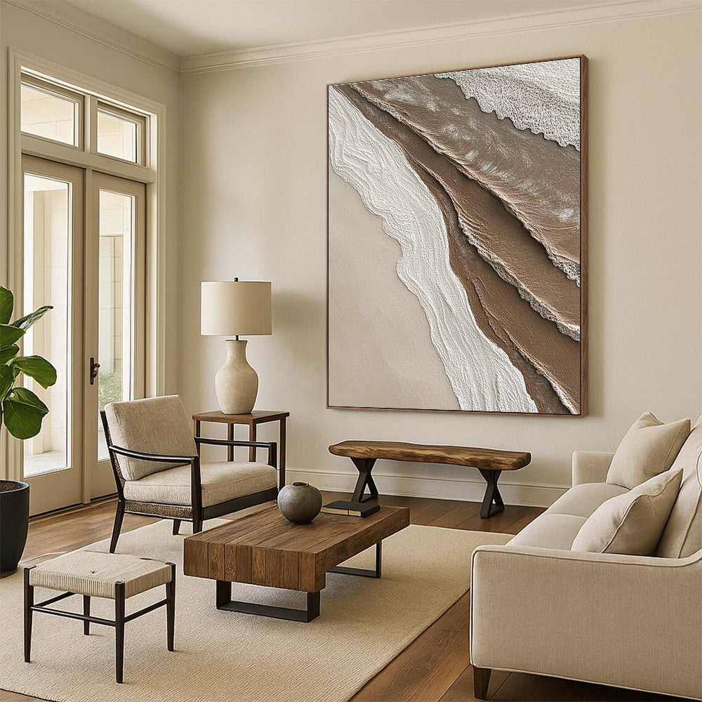Abstract painting capturing textures where sand meets water in soft shades of brown beige white and grey ideal for enhancing any space.STSC951