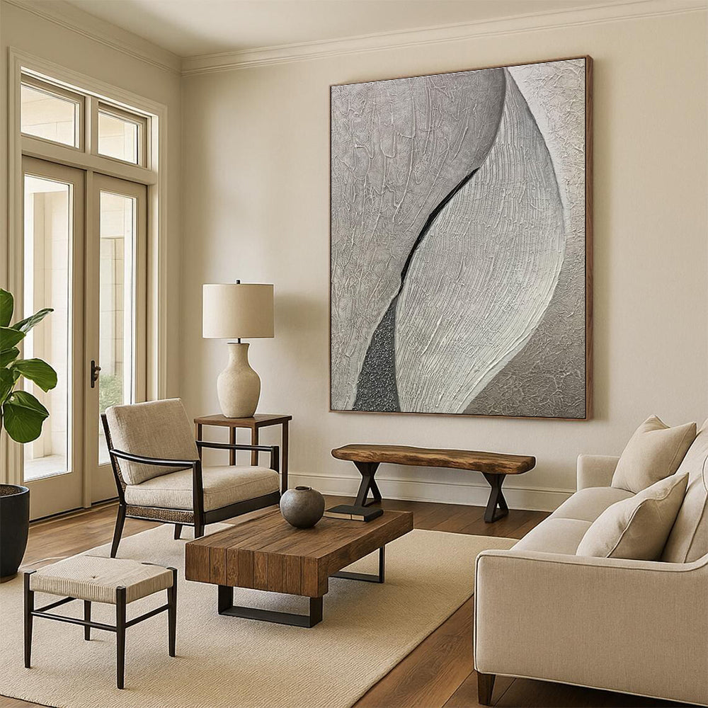 Textured Gray Abstract Painting with Leaf - like Forms ADGE517