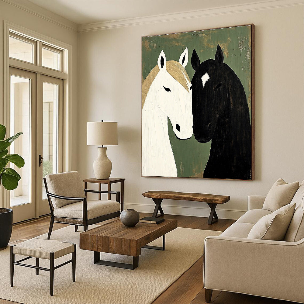 A large abstract painting featuring two horses in neutral tones against a green vintage farmhouse backdrop with a textured finish.STSC1453