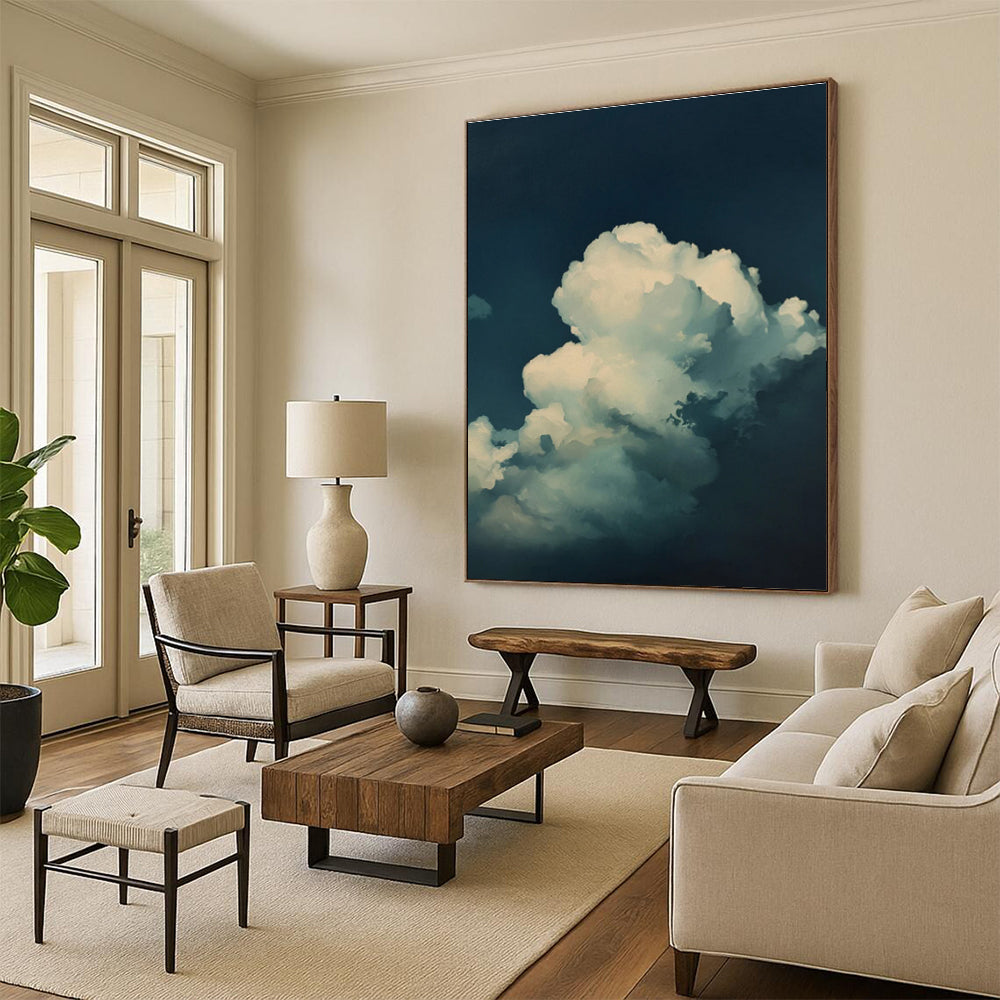 White Clouds Dark Blue Sky Abstract Painting ADGE020