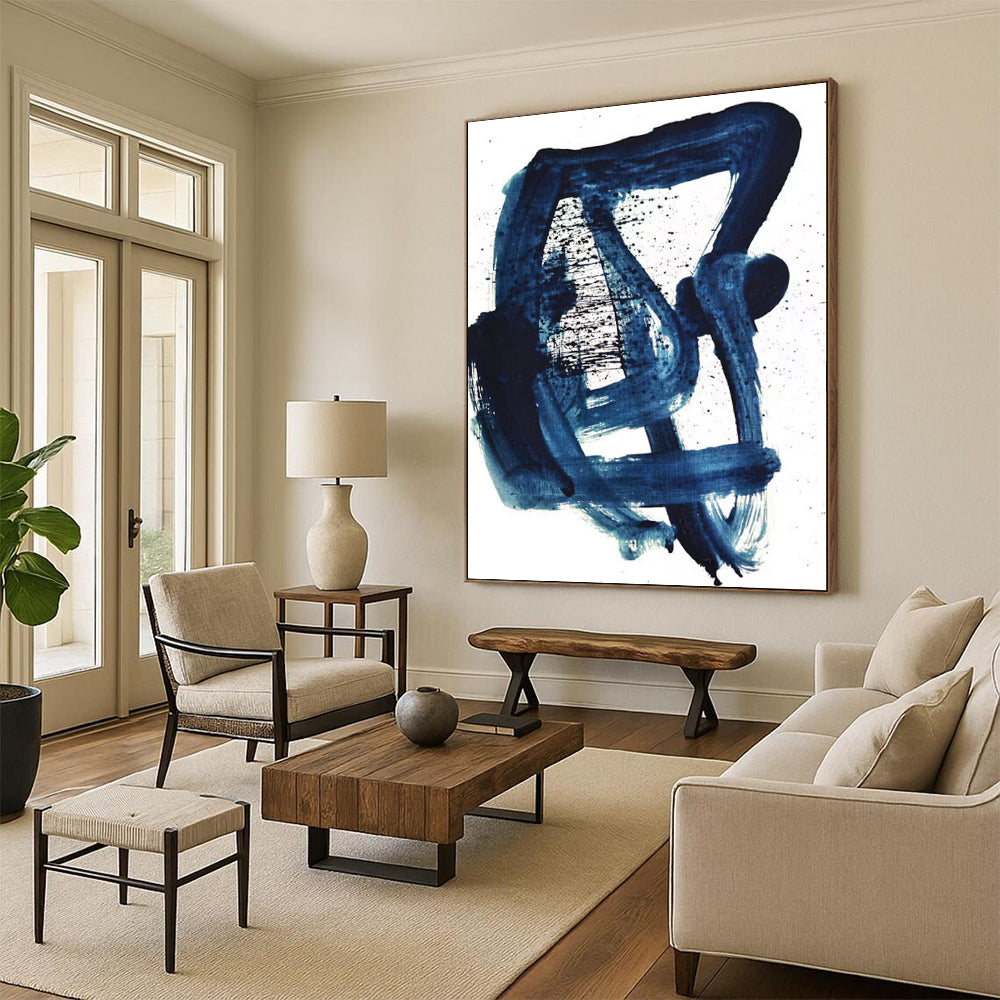 Dark Blue Dynamic Brushstrokes Abstract Painting ADGE161