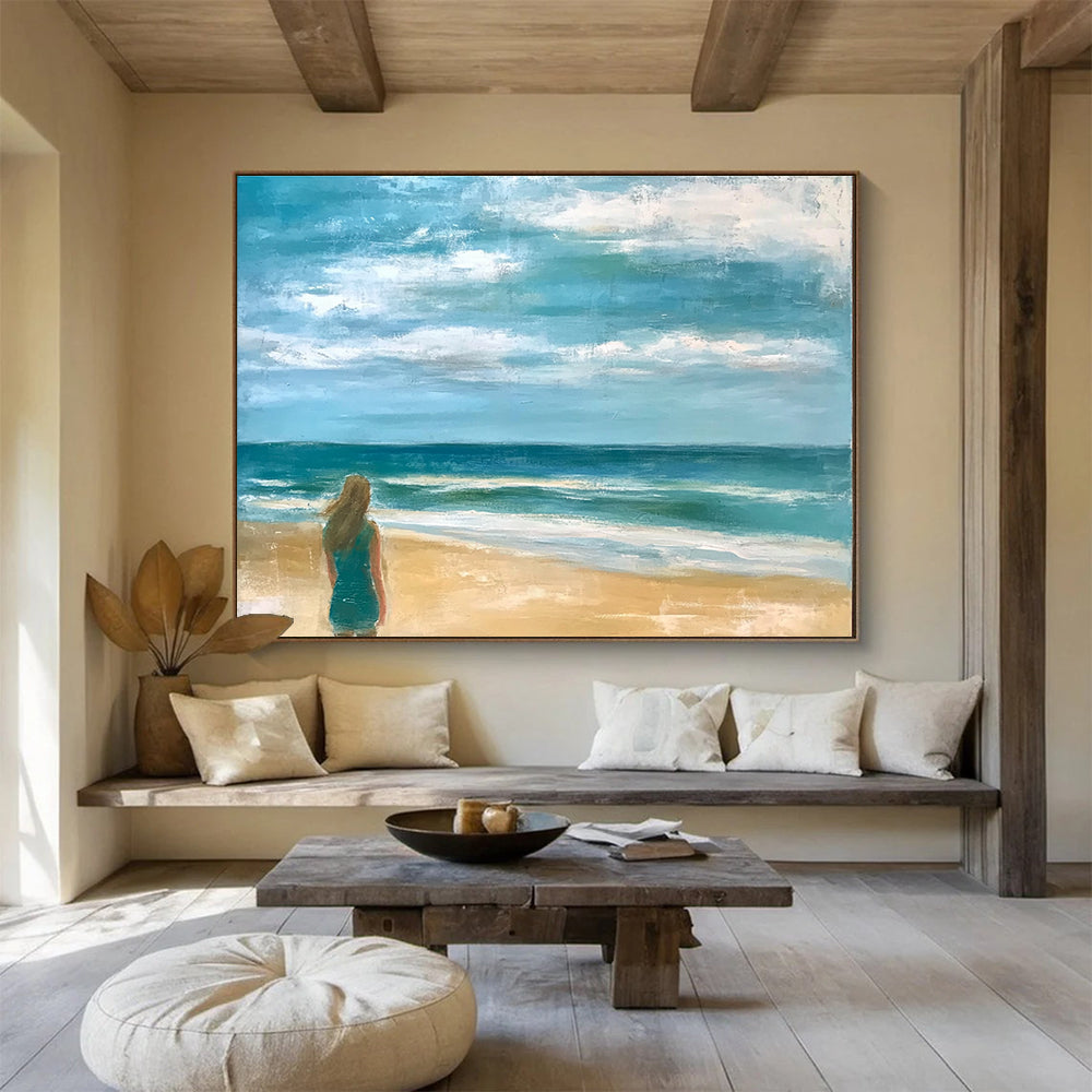 Woman by the Sea Abstract Painting with Blue and Beige Tones DYP520