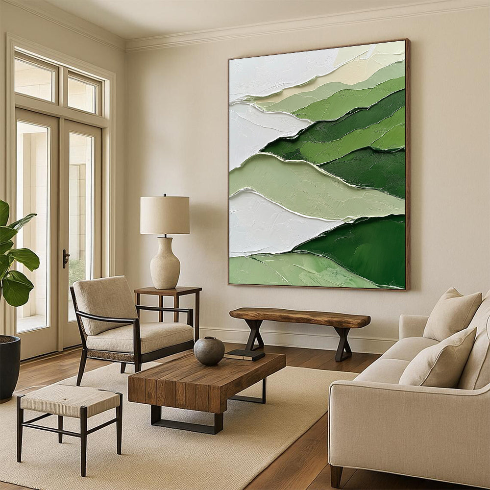 Large abstract painting featuring a green and white mountainous landscape with thick impasto strokes for a textured artistic impact.STSC1005