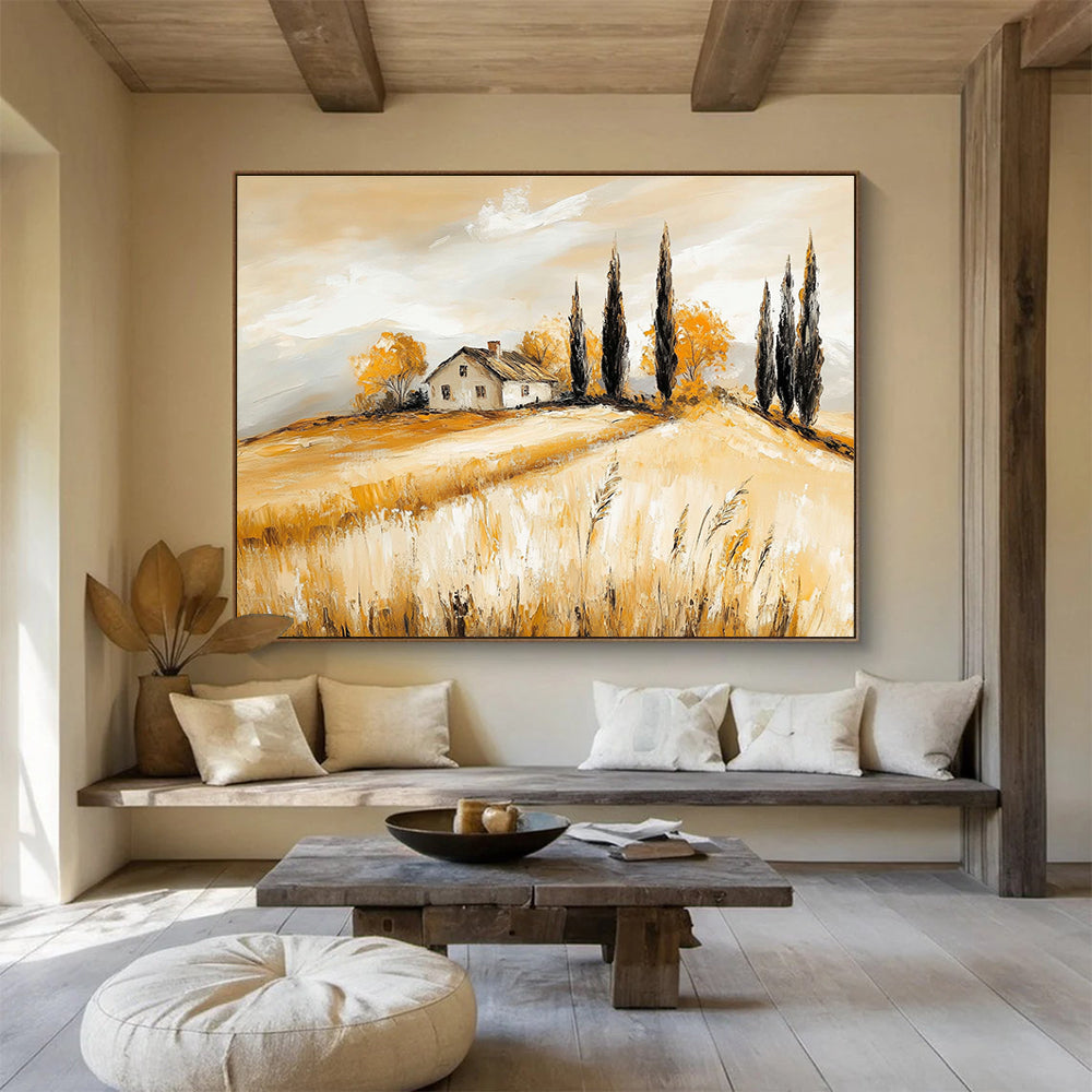 Yellow - Toned Rural Landscape Abstract Painting with a House DYP134