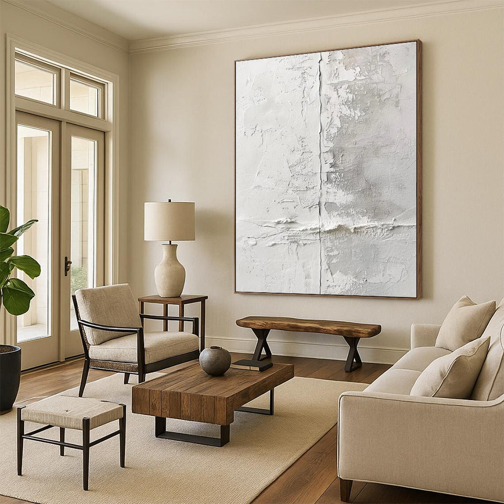White and Gray Textured Abstract Painting with Crack - like Details ADGE066
