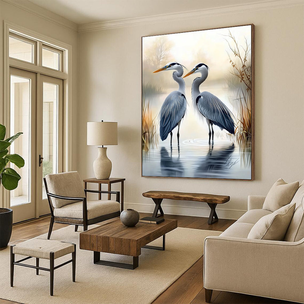A large abstract painting featuring two herons in water with a misty swamp background in the style of Larry Elmore.STSC1450