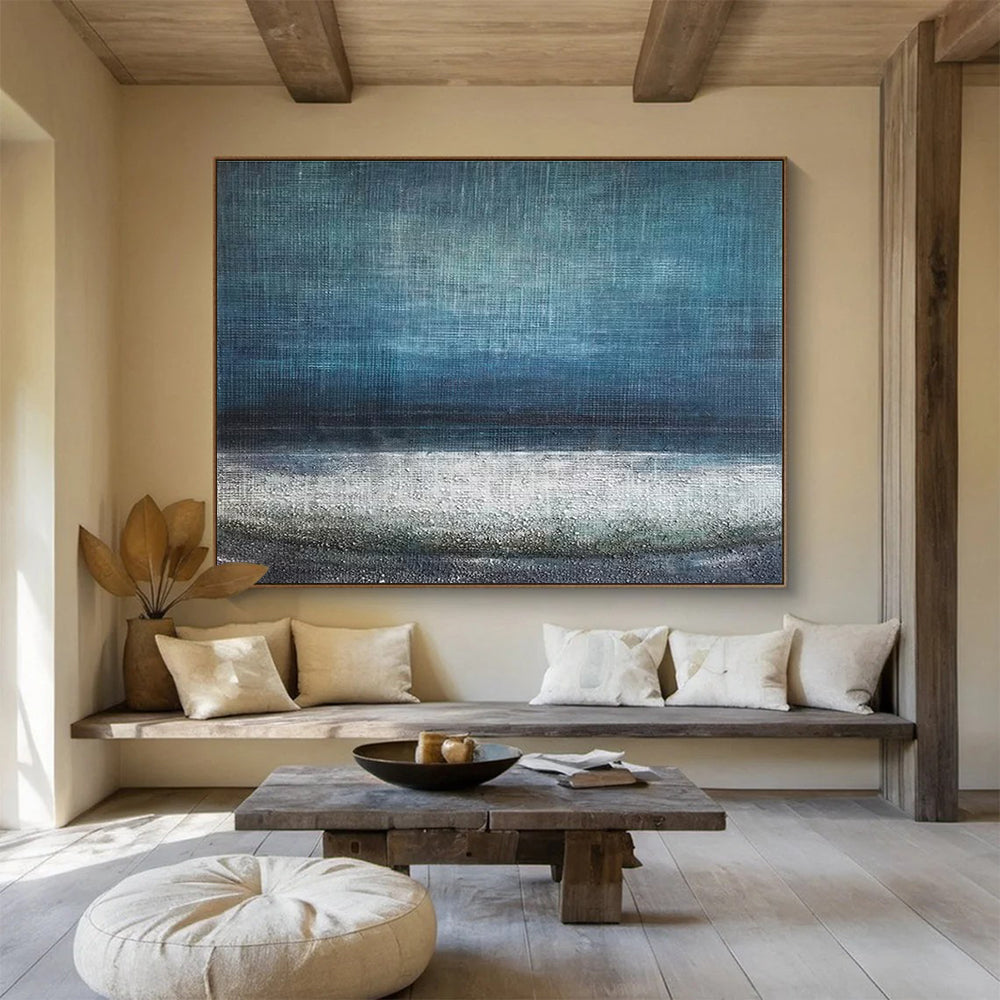 Textured Sea Abstract Painting with Deep Blue and White Tones THY154