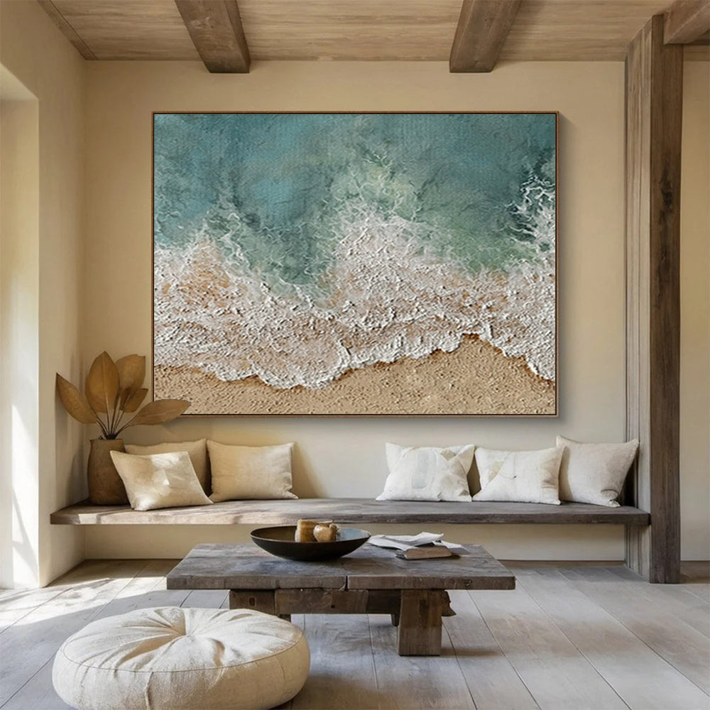 Aerial Beach View Abstract Painting with Turquoise and Sandy Tones THY254