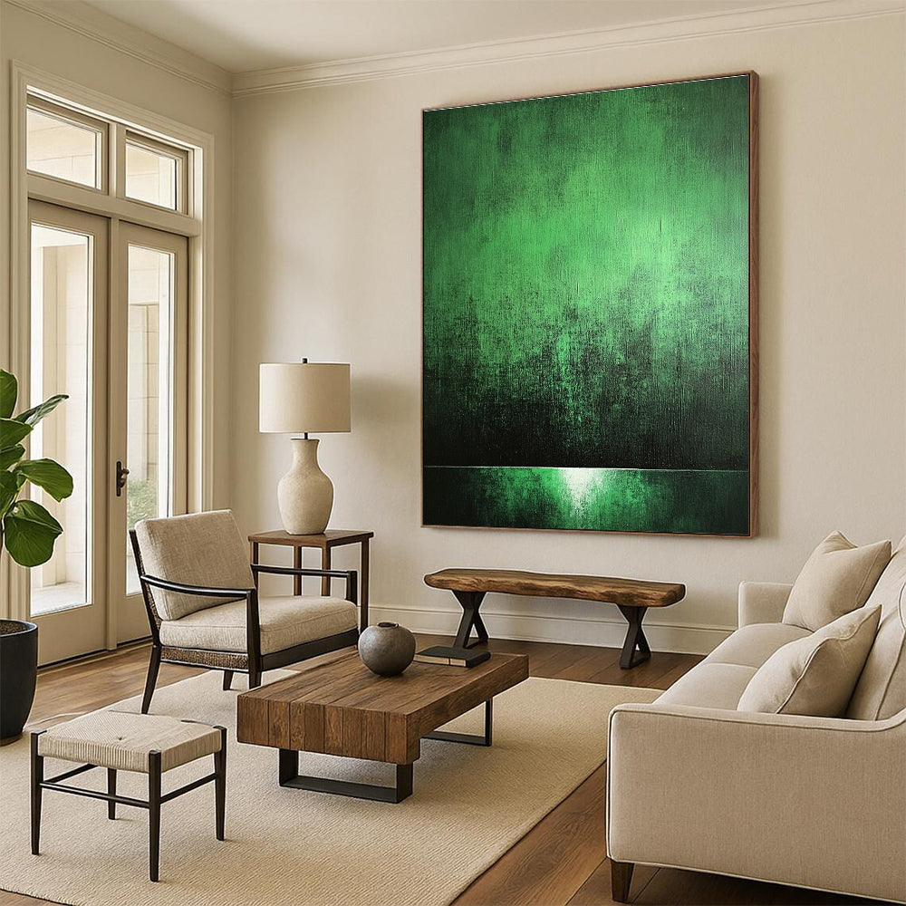 Abstract painting with a green background, soft light, high contrast, and eerie shadows creating a mysterious and textured atmosphere.STSC1007