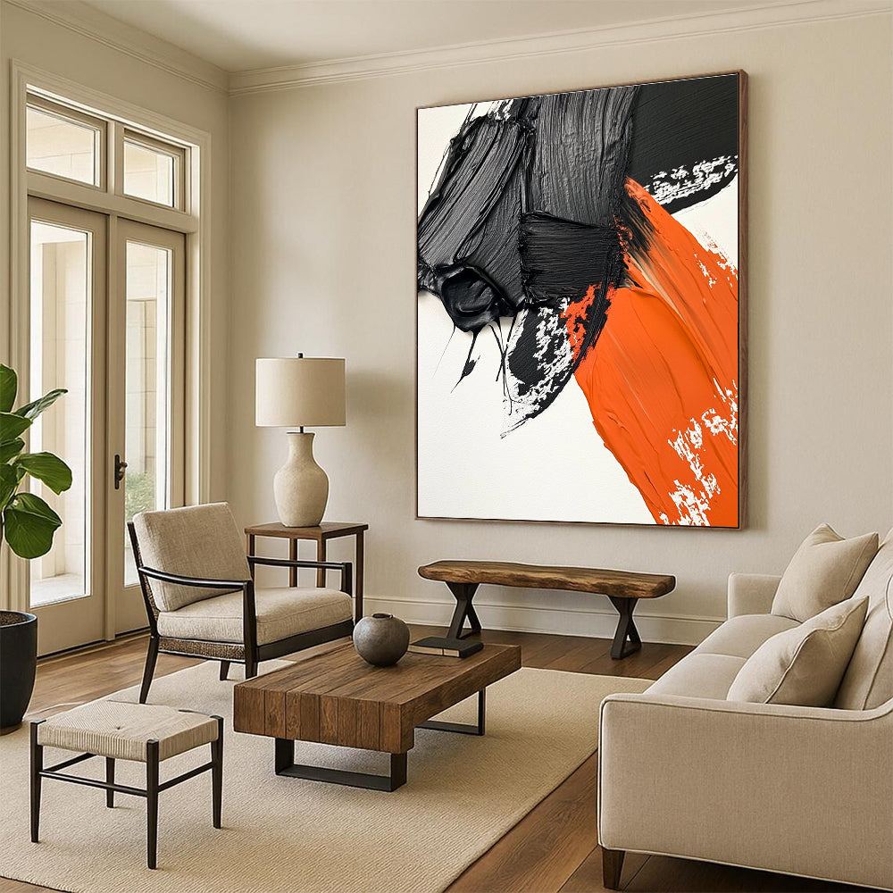 Black Orange White Abstract Painting with Thick Textures GER048