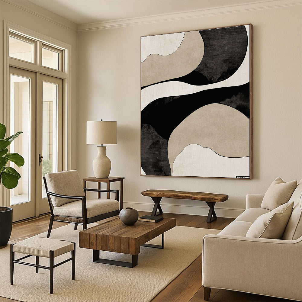 Black and Beige Curved Abstract Painting with Flowing Lines GER064
