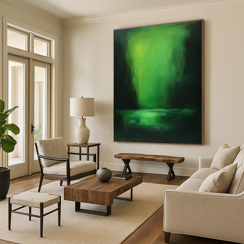 Large abstract painting of a green sea featuring vibrant light and dark colors inspired by Zdzisław Beksiński in oil on canvas.STSC287