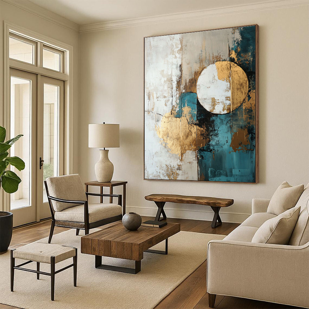 Large abstract painting featuring shapes and lines in white beige teal blue and brown with gold foil accents.STSC193