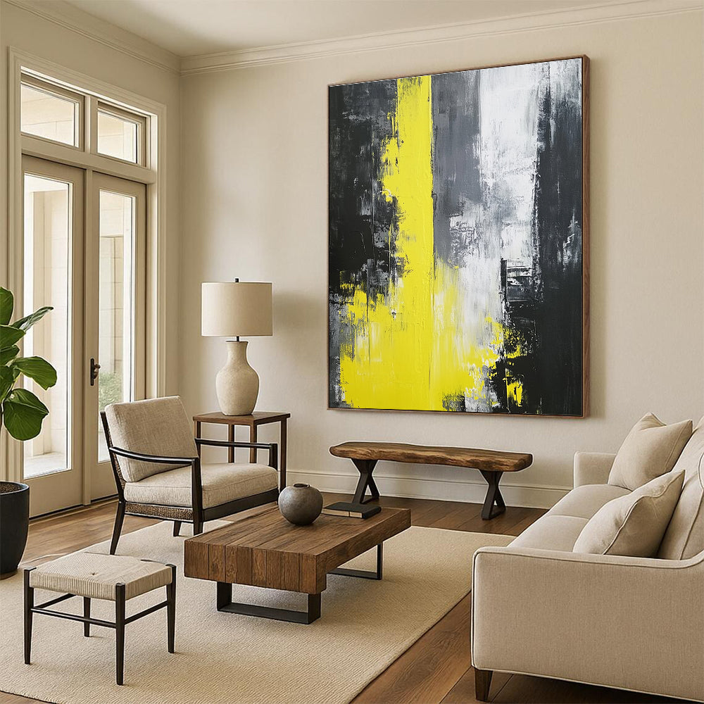 Black Gray and Yellow Abstract Painting with Expressive Strokes GER506