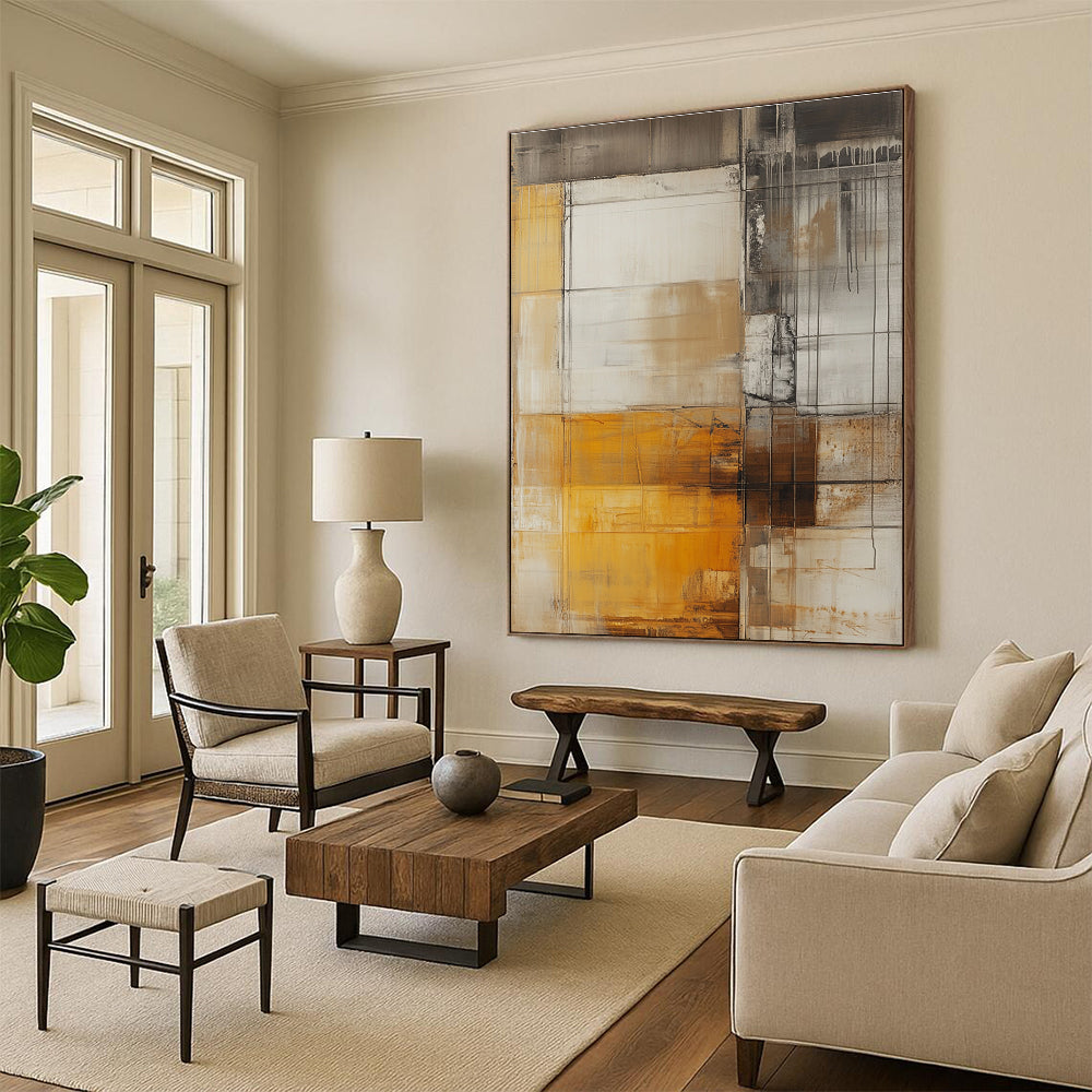Brown and Gray Abstract Painting with Grid Motifs GER470